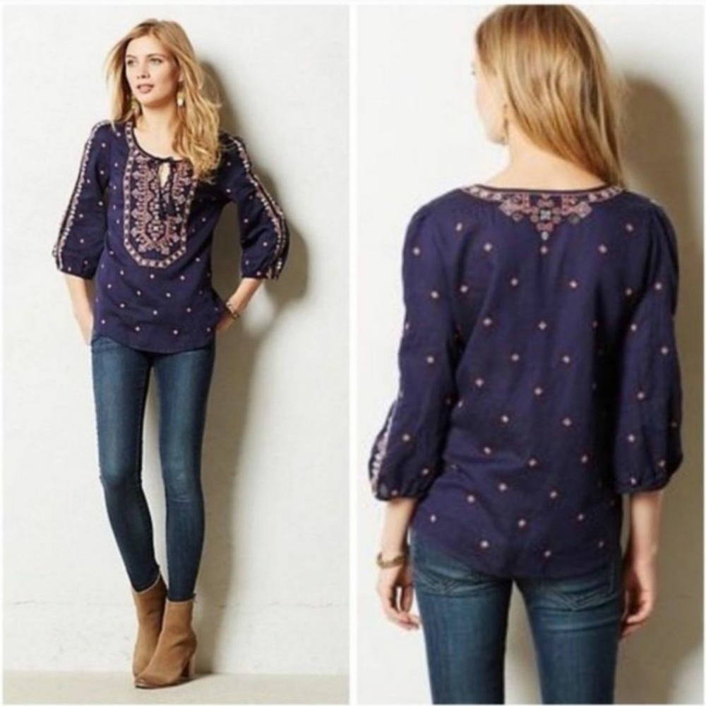 Anthropologie blue embroidered boho top size 2